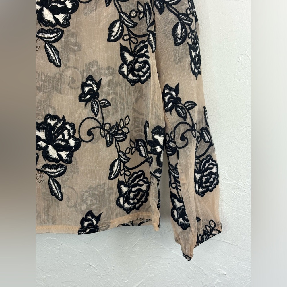 GOLDIE Women's Black Floral Flower Embroidery Sheer Blouse Cream Office Feminine - Picture 11 of 16